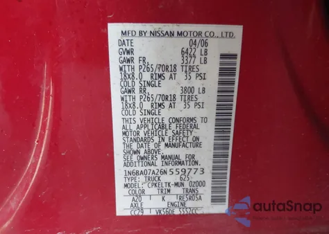 2006 Nissan Titan Se из США, поврежденный, VIN 1N6BA07A26N559773